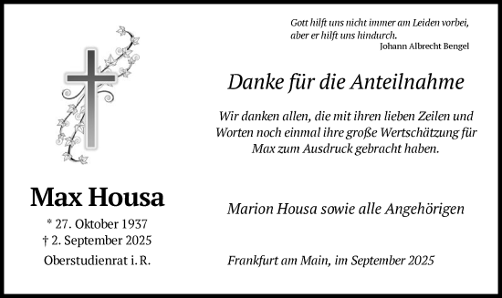 Traueranzeige von Max Housa von FNP