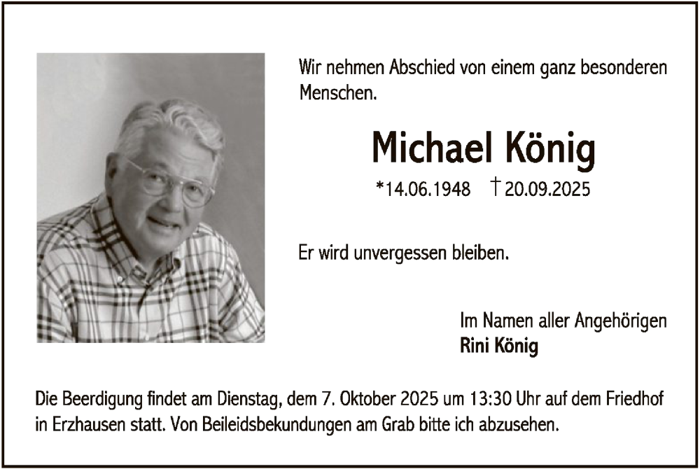  Traueranzeige für Michael König vom 27.09.2025 aus FNP