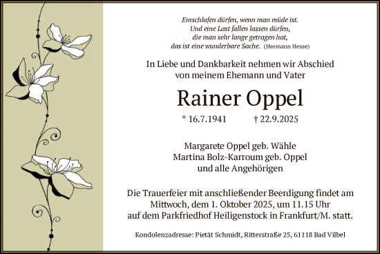 Traueranzeige von Rainer Oppel von FNP