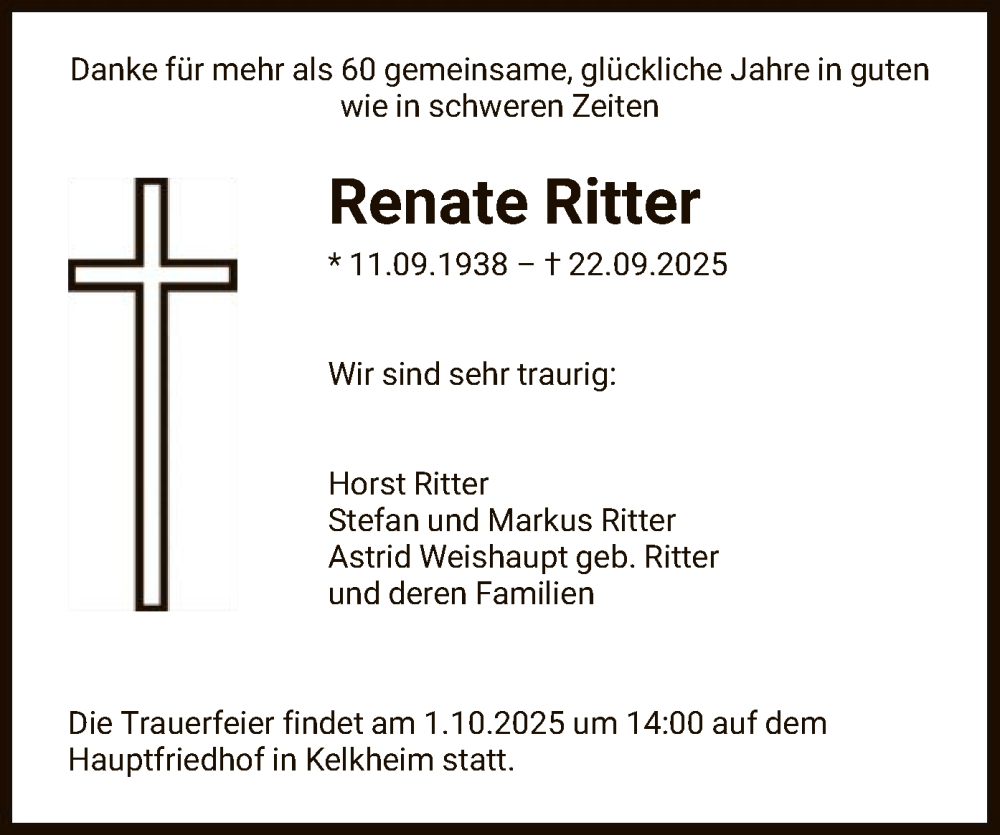 Traueranzeige für Renate Ritter vom 24.09.2025 aus FNP