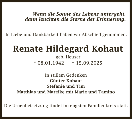 Traueranzeige von Renate Hildegard Kohaut von FNP
