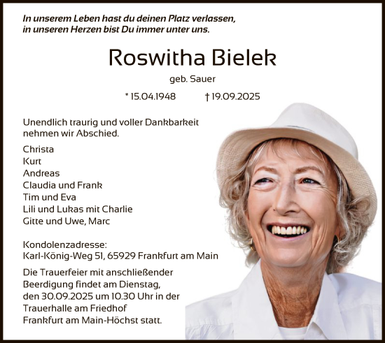 Traueranzeige von Roswitha Bielek von FNP