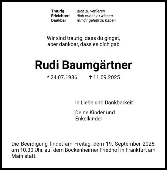 Traueranzeige von Rudi Baumgärtner von FNP
