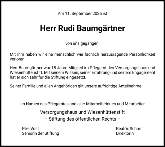 Traueranzeige von Rudi Baumgärtner von FNP