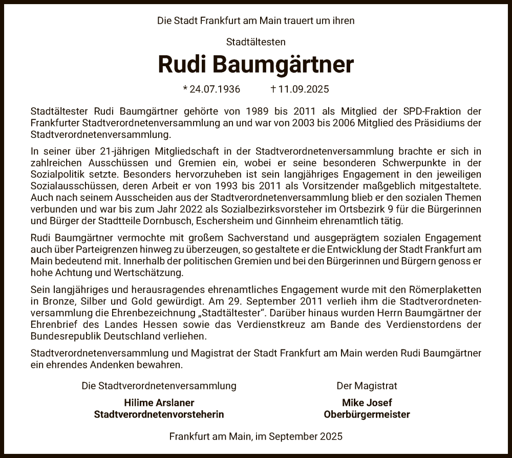  Traueranzeige für Rudi Baumgärtner vom 20.09.2025 aus FNP