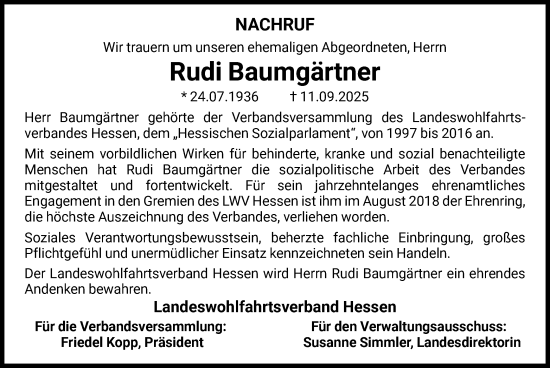 Traueranzeige von Rudi Baumgärtner von FNP