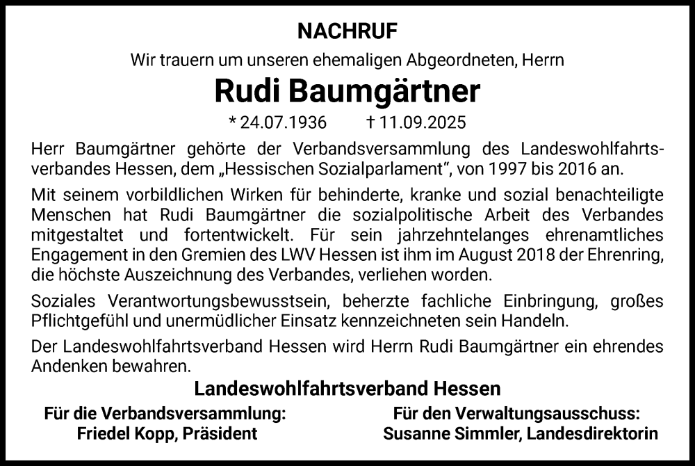  Traueranzeige für Rudi Baumgärtner vom 20.09.2025 aus FNP