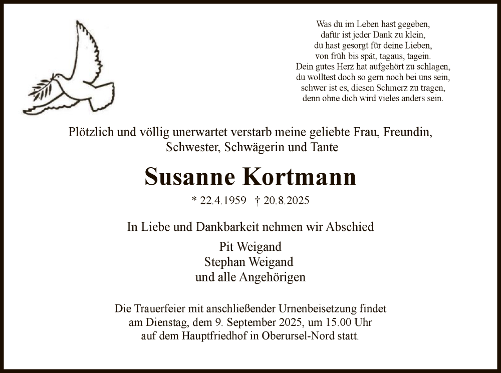  Traueranzeige für Susanne Kortmann vom 06.09.2025 aus FNP