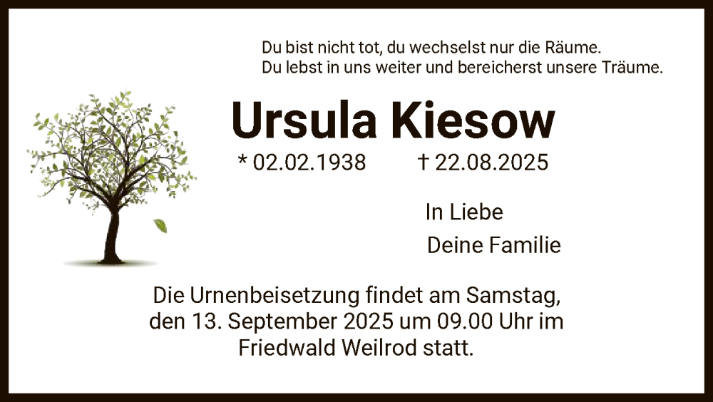  Traueranzeige für Ursula Kiesow vom 02.09.2025 aus FNP