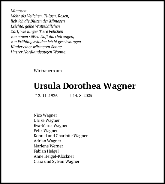 Traueranzeige von Ursula Dorothea Wagner von FNP