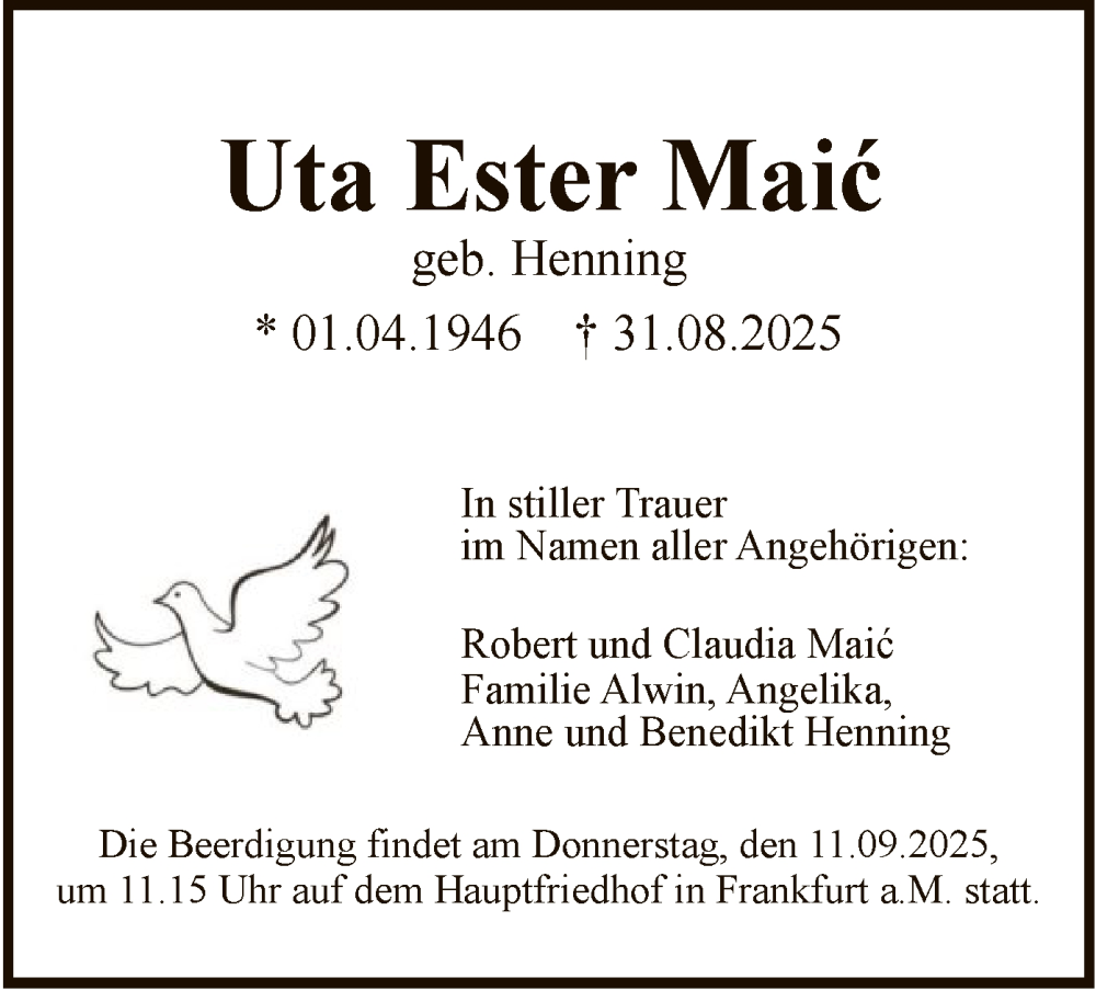  Traueranzeige für Uta Ester Maic vom 06.09.2025 aus FNP