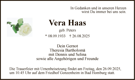 Traueranzeige von Vera Haas von FNP