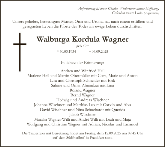Traueranzeige von Walburga Kordula Wagner von FNP