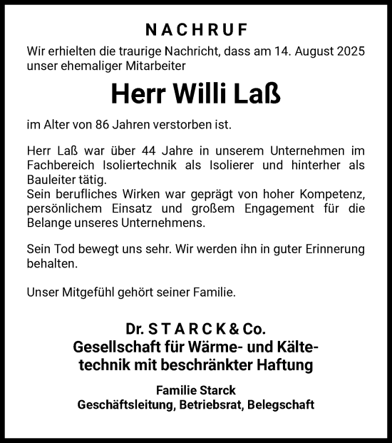 Traueranzeige von Willi Laß von FNP