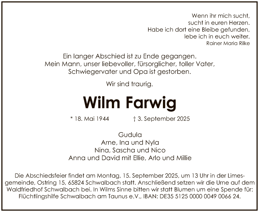  Traueranzeige für Wilm Farwig vom 13.09.2025 aus FNP
