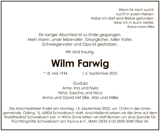 Traueranzeige von Wilm Farwig von FNP