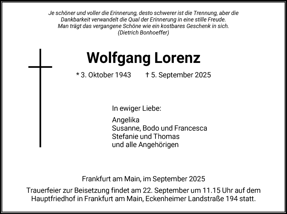  Traueranzeige für Wolfgang Lorenz vom 13.09.2025 aus FNP