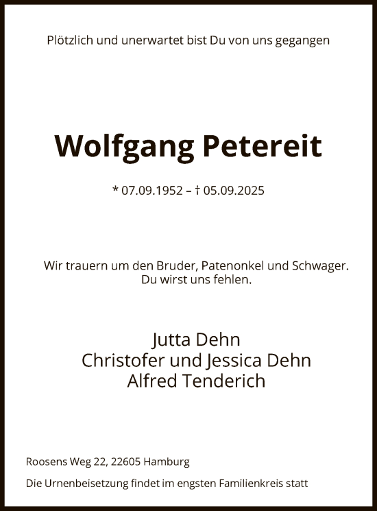 Traueranzeige von Wolfgang Petereit von FNP