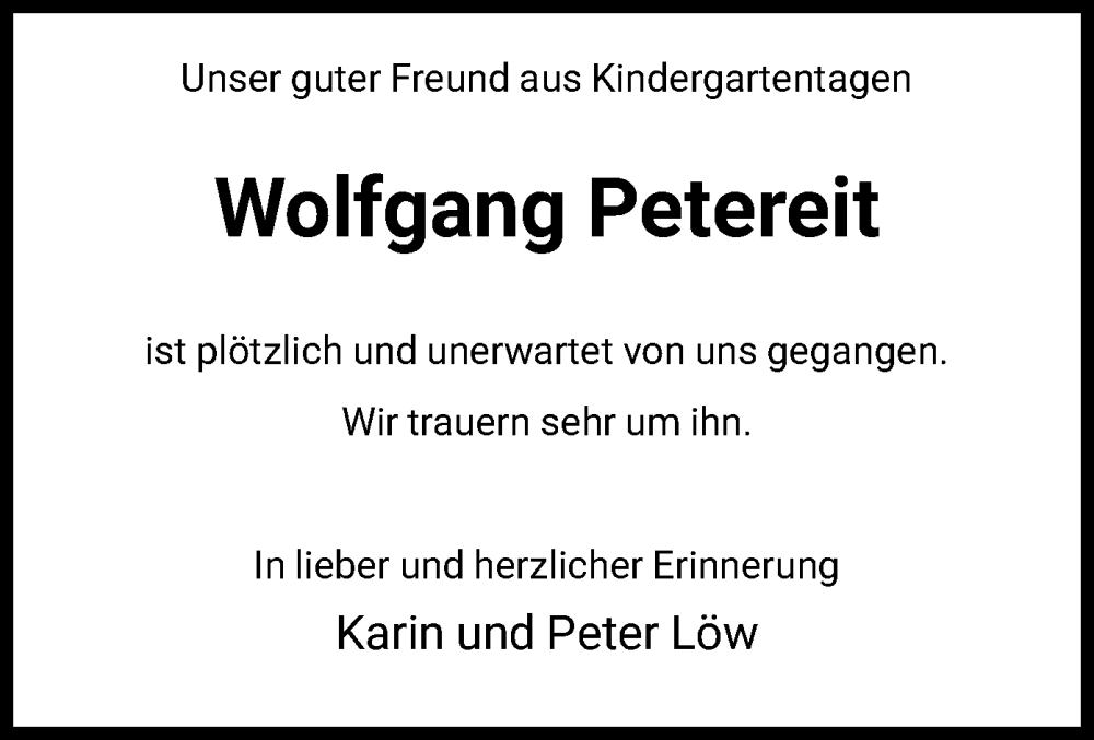  Traueranzeige für Wolfgang Petereit vom 20.09.2025 aus FNP