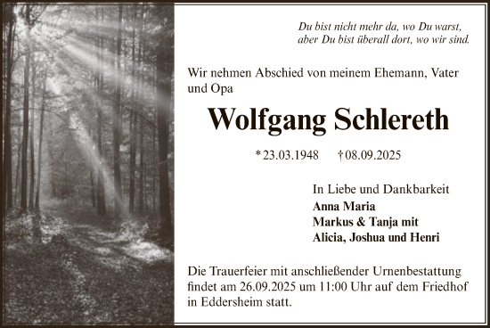 Traueranzeige von Wolfgang Schlereth von FNP