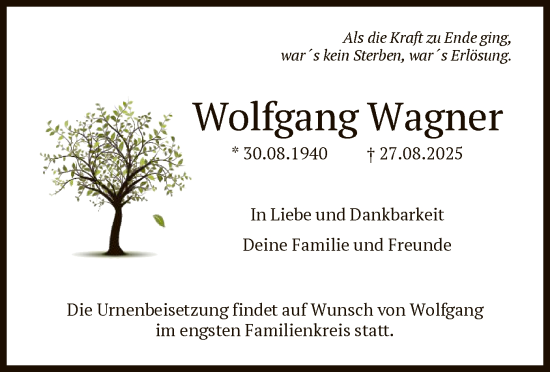 Traueranzeige von Wolfgang Wagner von FNP