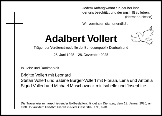 Traueranzeige von Adalbert Vollert von FNP
