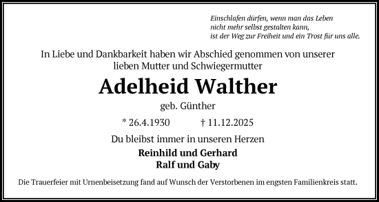 Traueranzeige von Adelheid Walther von OFHA