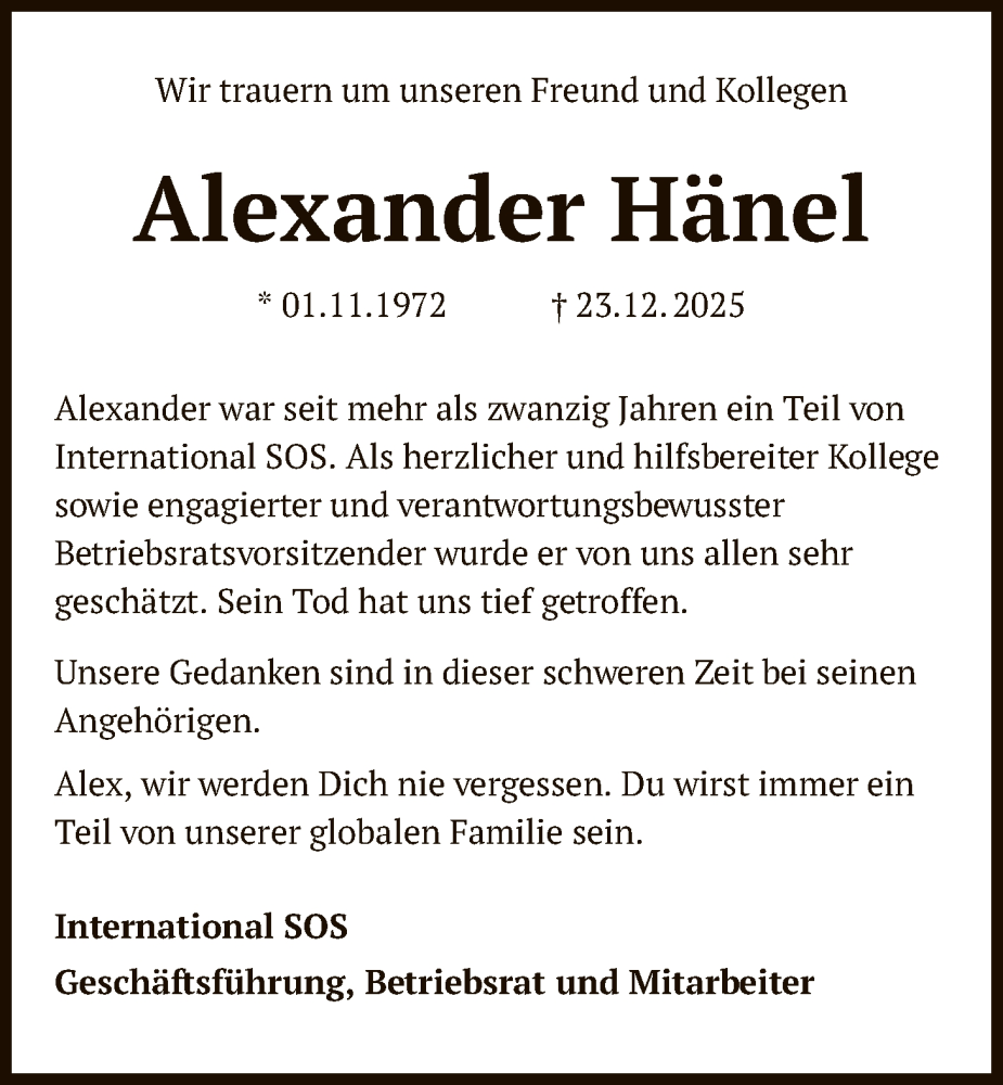  Traueranzeige für Alexander Hänel vom 10.01.2026 aus OF99