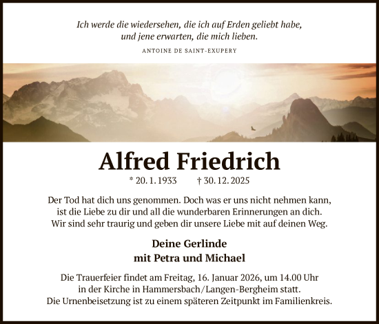 Traueranzeige von Alfred Friedrich von OFHA