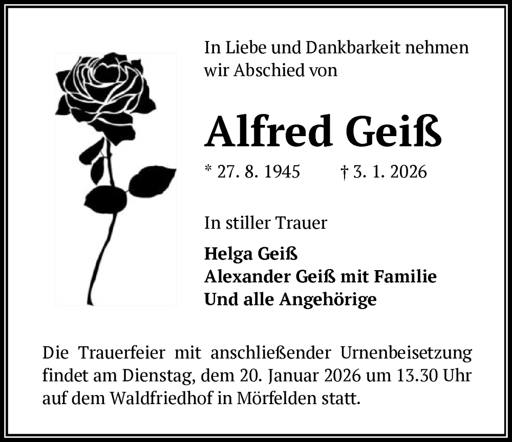  Traueranzeige für Alfred Geiß vom 16.01.2026 aus OFMF