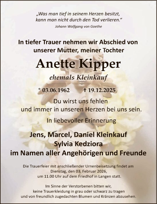 Traueranzeige von Anette Kipper von OF0W