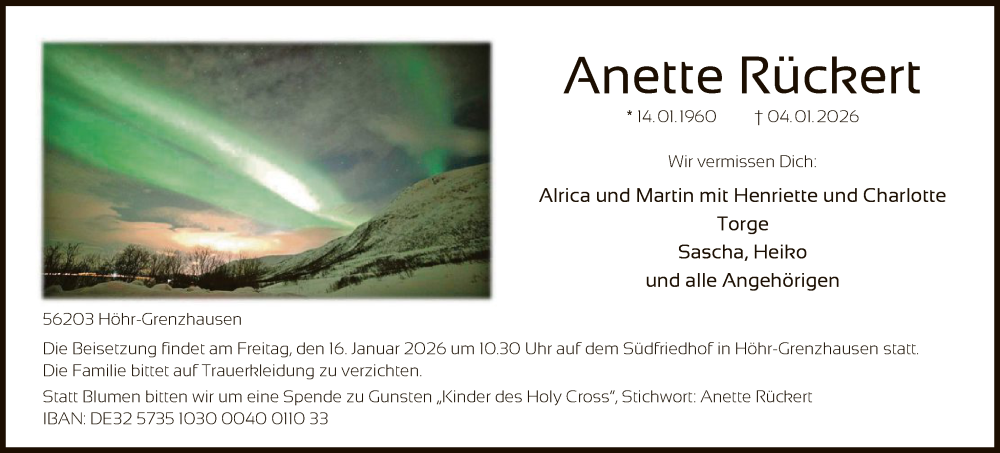  Traueranzeige für Anette Rückert vom 10.01.2026 aus OF0L