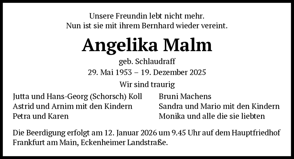  Traueranzeige für Angelika Malm vom 10.01.2026 aus FNP