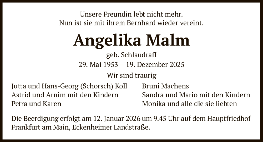  Traueranzeige für Angelika Malm vom 10.01.2026 aus OFOP