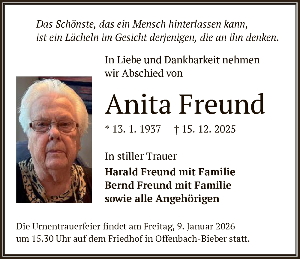  Traueranzeige für Anita Freund vom 03.01.2026 aus OFOP