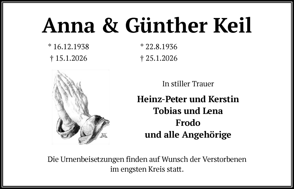  Traueranzeige für Anna Keil vom 30.01.2026 aus OFMF