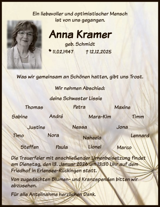 Traueranzeige von Anna Kramer von OFHA