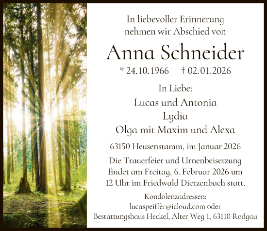 Traueranzeige von Anna Schneider von OF0T