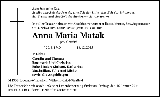 Traueranzeige von Anna Maria Matak von OFHA