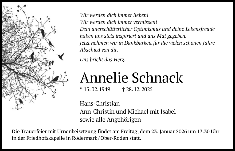  Traueranzeige für Annelie Schnack vom 10.01.2026 aus OFOP