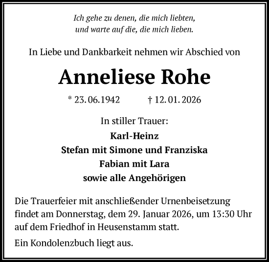 Traueranzeige von Anneliese Rohe von OF0T