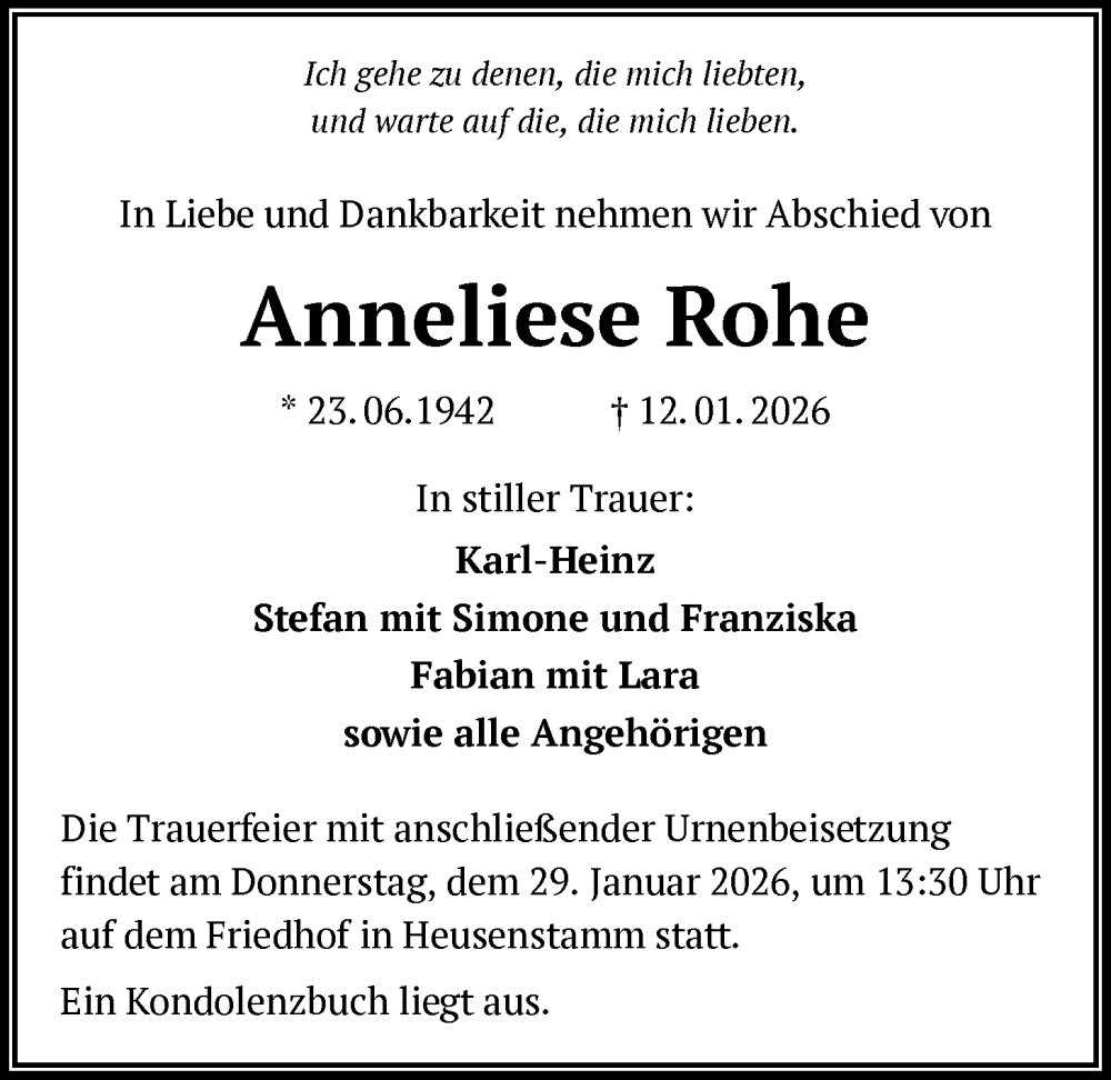  Traueranzeige für Anneliese Rohe vom 24.01.2026 aus OF0T