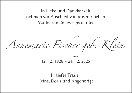 Traueranzeige von Annemarie Fischer von FNP