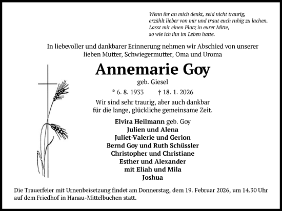 Traueranzeige von Annemarie Goy von OFHA