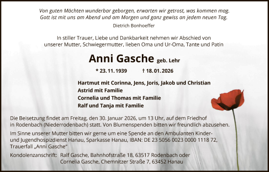 Traueranzeige von Anni Gasche von OFHA