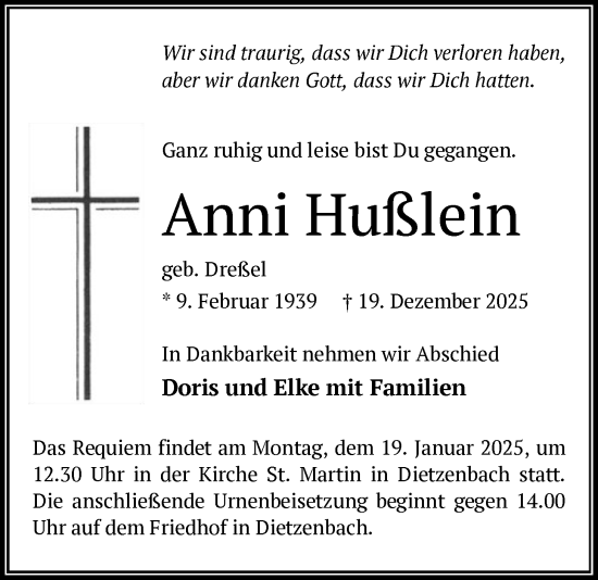 Traueranzeige von Anni Hußlein von OF0L