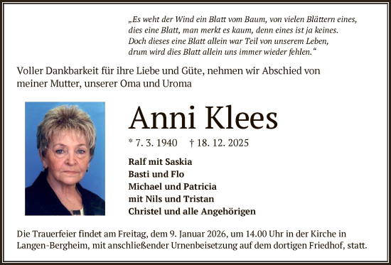 Traueranzeige von Anni Klees von OFHA