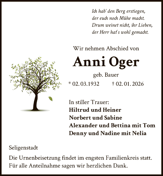 Traueranzeige von Anni Oger von OF0L