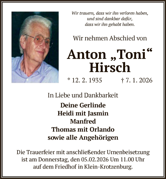 Traueranzeige von Anton Hirsch von OF0L