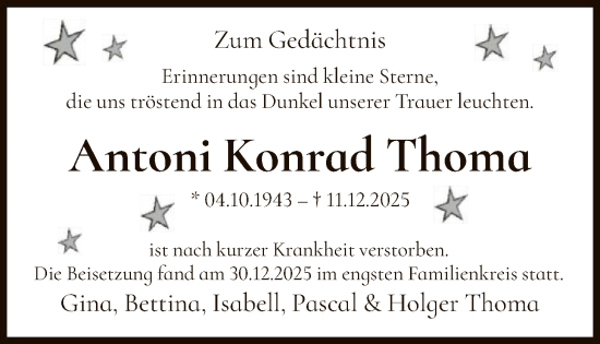 Traueranzeige von Antoni Konrad Thoma von HUW